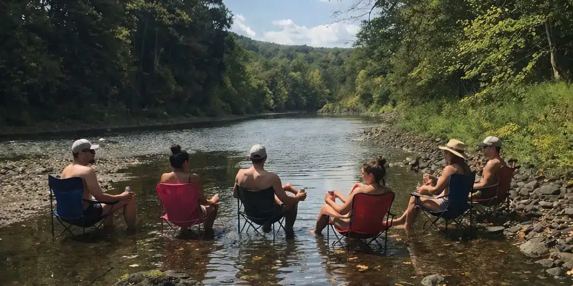 Friends sitting in camp chairs in the shallow Battenkill River on a sunny day, with tree-lined banks and green hills beyond