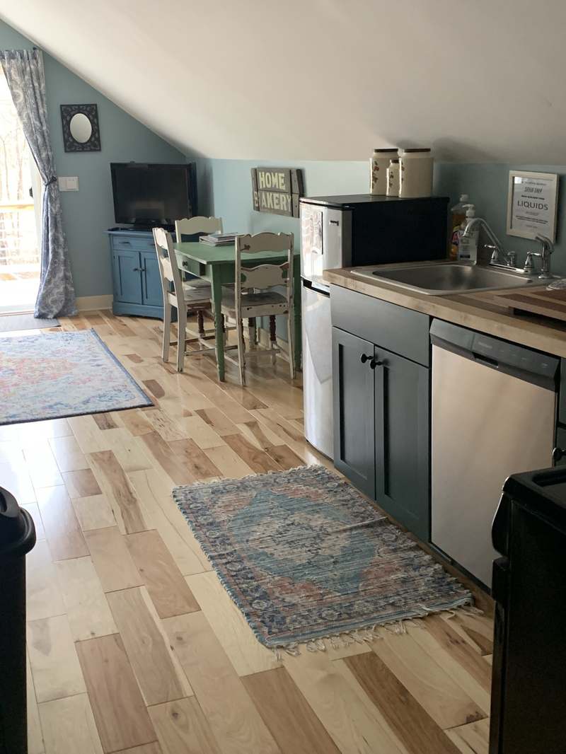Guest Apartment kitchen and dining nook — dishwasher, dining table, and TV